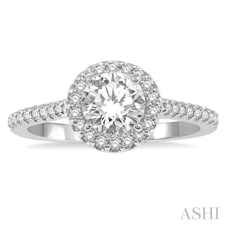 1 ctw Halo Diamond Engagement Ring With 3/4 ctw Round Cut Center Stone in 14K White Gold