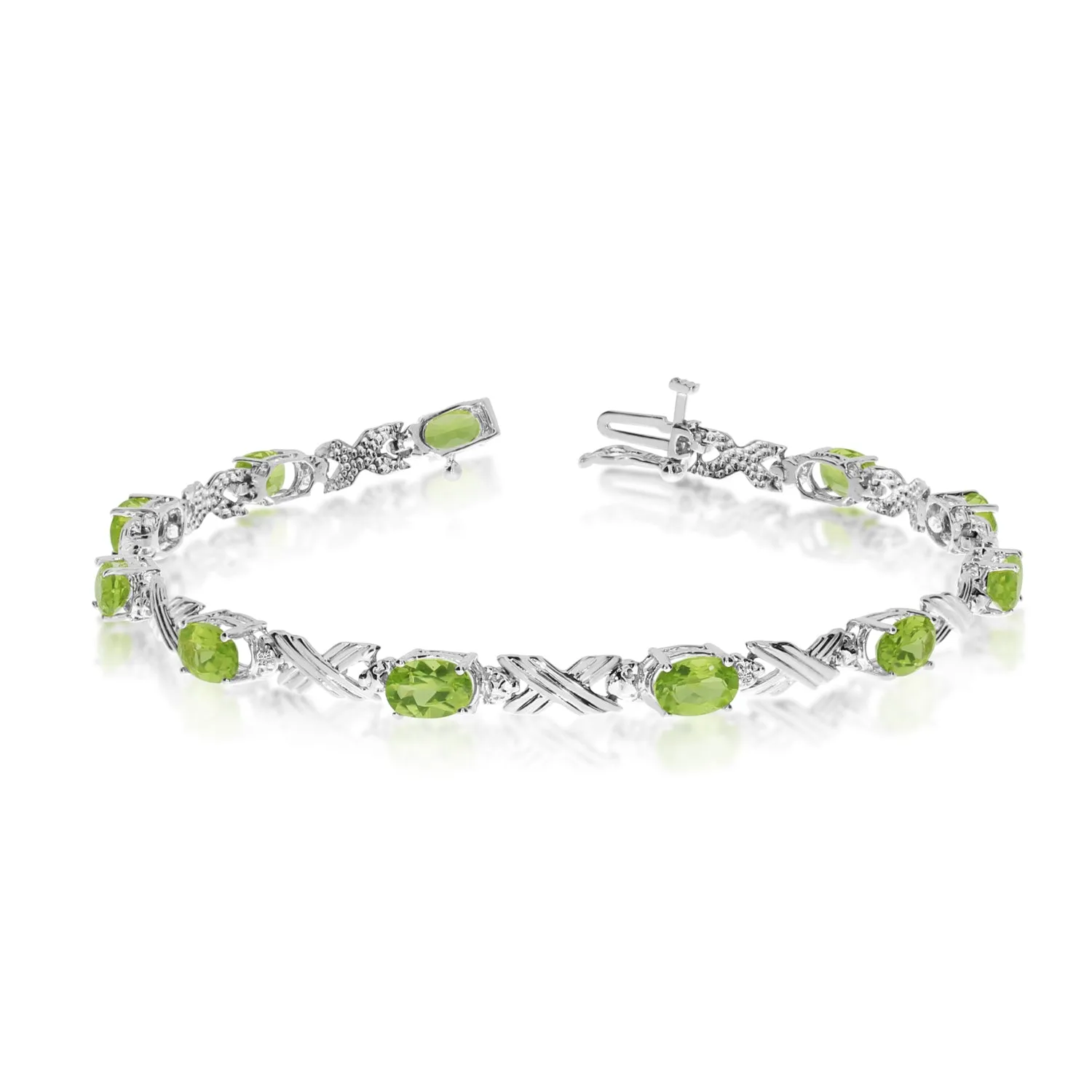 10K White Gold Oval Peridot Stones And Diamonds Tennis Bracelet, 7"