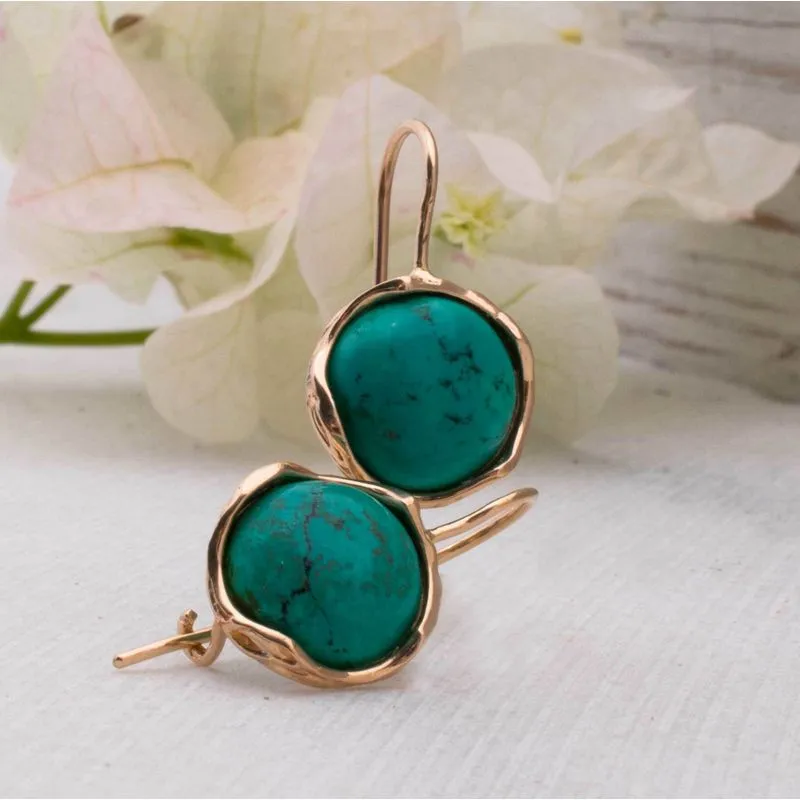 14K Rose Gold Round Turquoise 12mm Dangle Earrings