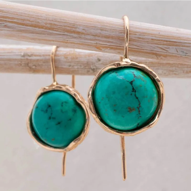 14K Rose Gold Round Turquoise 12mm Dangle Earrings