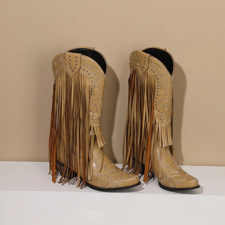 2023 Women Western Mid-calf Boots Pointed Toed Fringed Slip-on Spring Autumn