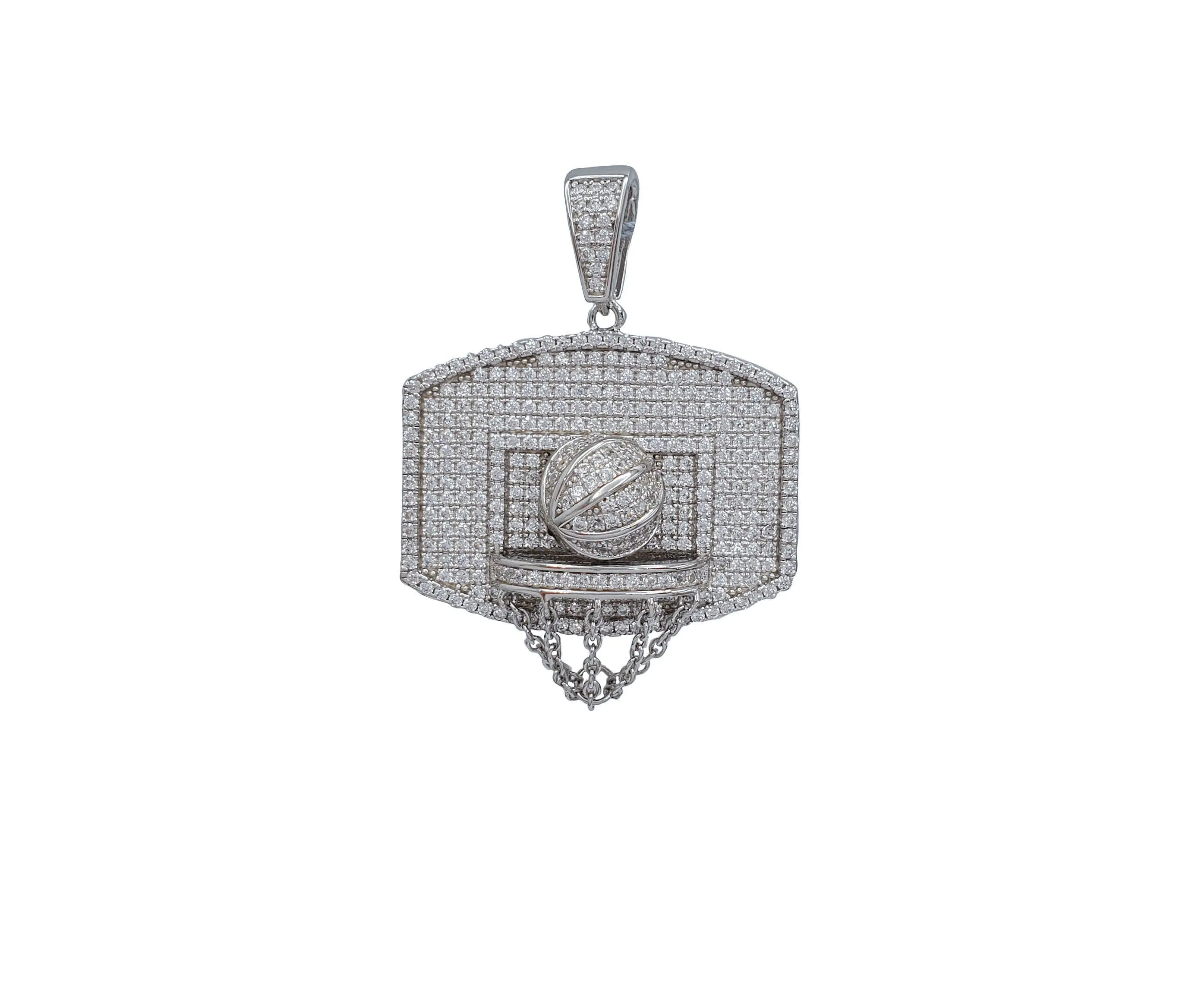 3D Iced-Out Basketball Hoop, Backboard & Ball Pendant (Silver)