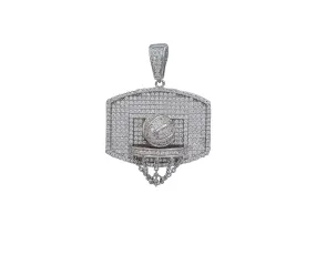 3D Iced-Out Basketball Hoop, Backboard & Ball Pendant (Silver)