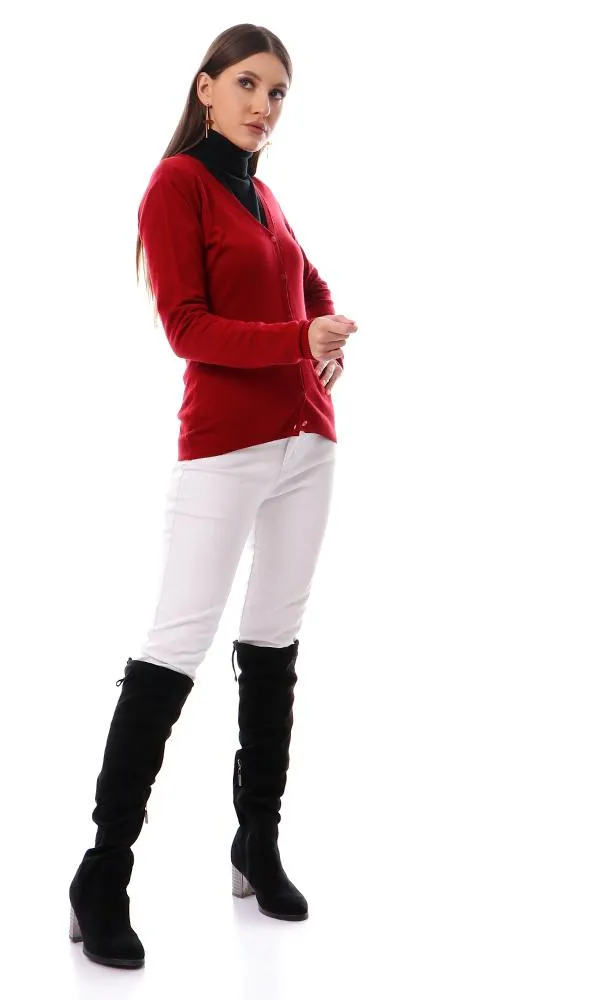 55860 Basic Solid V-Neck Burgundy Light Cardigan