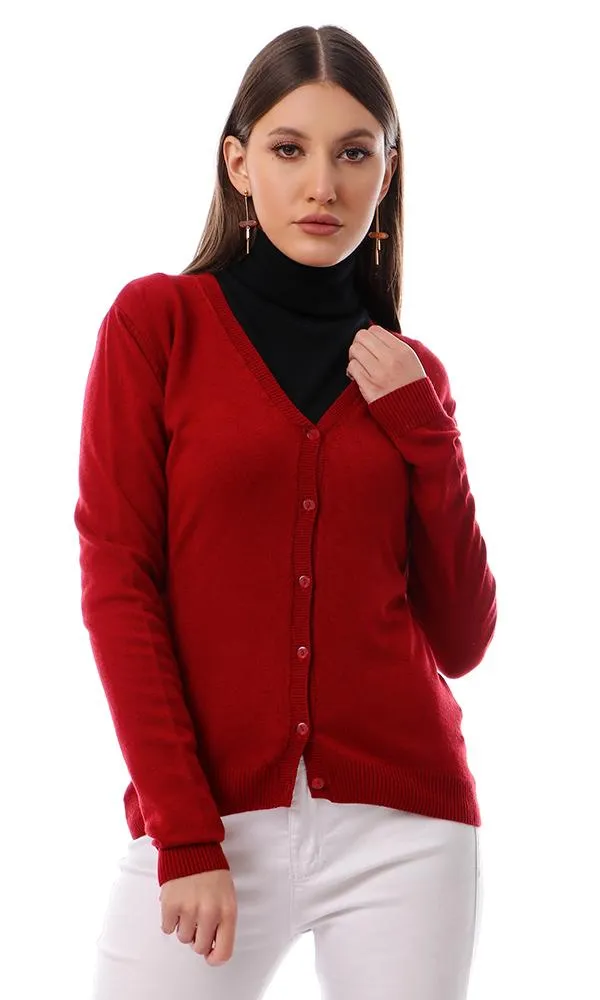 55860 Basic Solid V-Neck Burgundy Light Cardigan