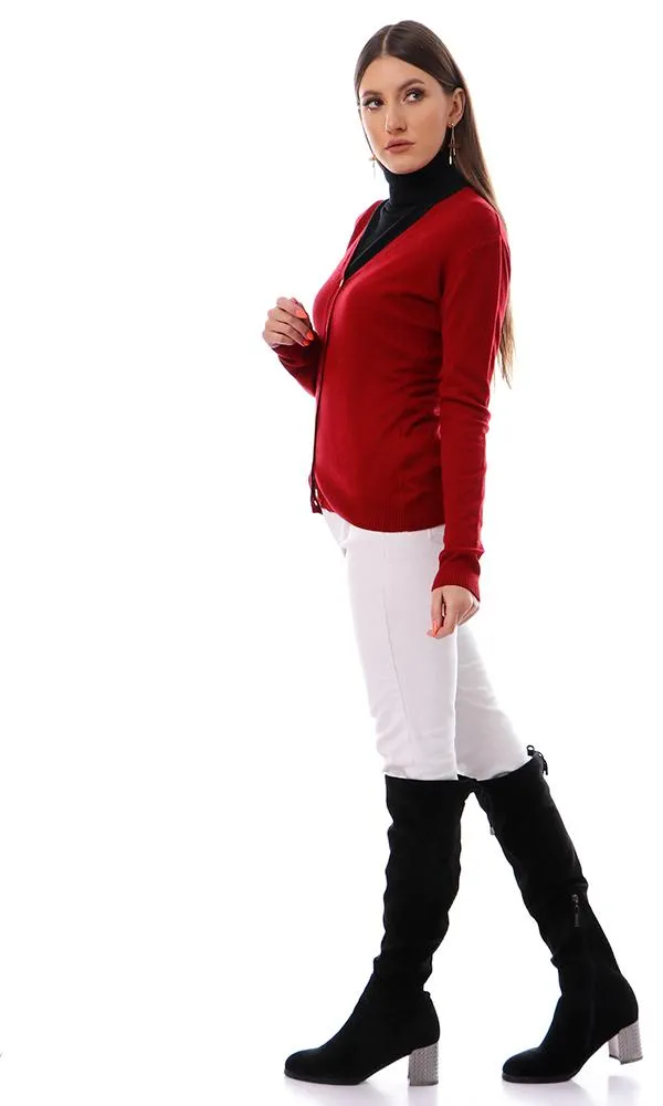 55860 Basic Solid V-Neck Burgundy Light Cardigan