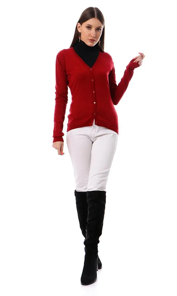 55860 Basic Solid V-Neck Burgundy Light Cardigan