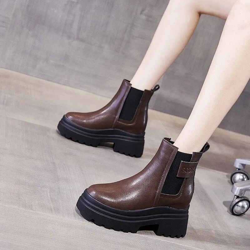 7cm Genuine Cow Leather Ankle Mid Calf Platform Chunky Heel Motorcycle Autumn Spring Boots Women Shoes