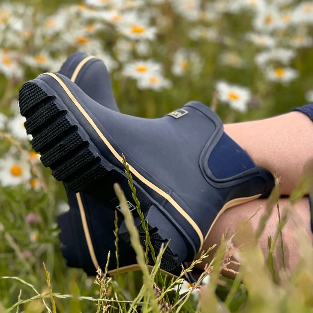 Ankle Wellies - Navy Blue with Cream Trim - Wide Foot