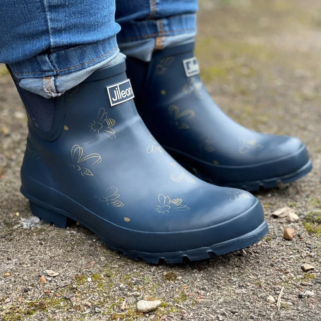 Ankle Wellies - Navy with Bumble Bees - Wide Foot