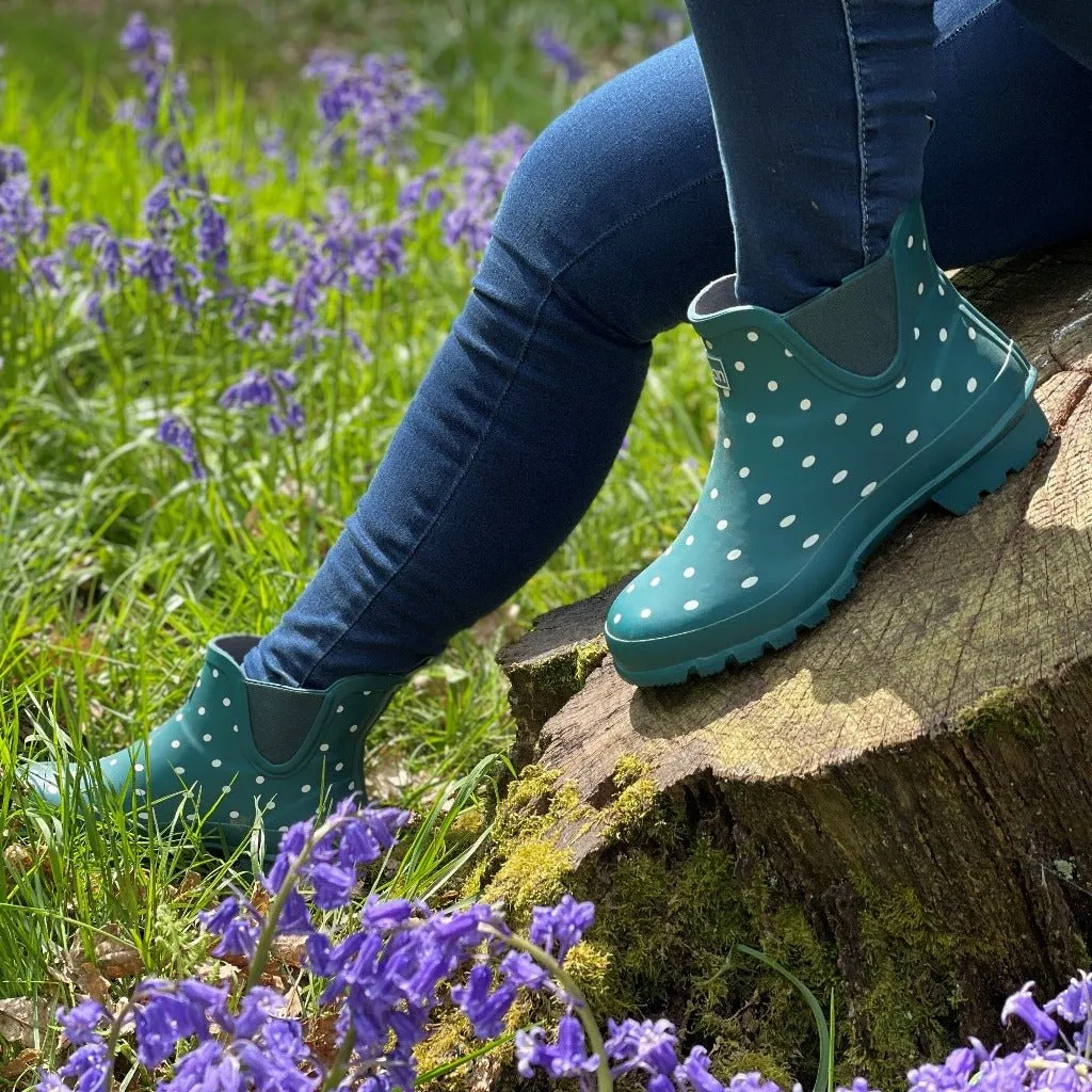 Ankle Wellies - Teal with White Spots - Wide Foot