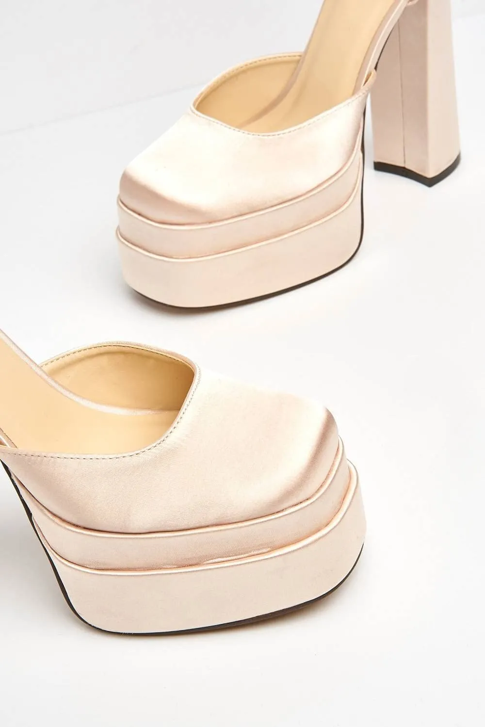 Asha Ankle Strap Platform Block Heels in Beige