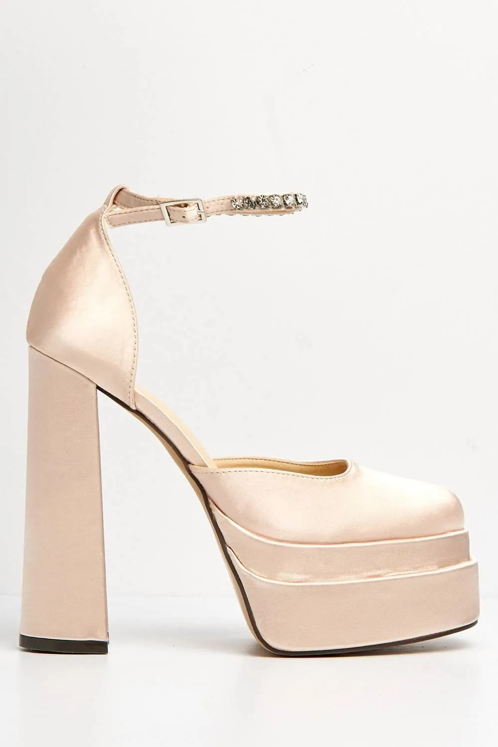 Asha Ankle Strap Platform Block Heels in Beige