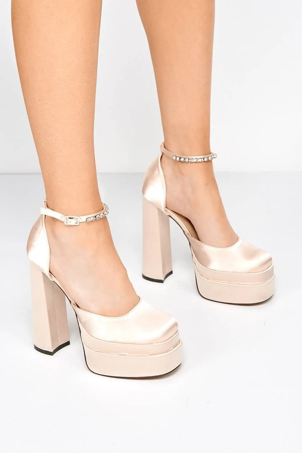 Asha Ankle Strap Platform Block Heels in Beige