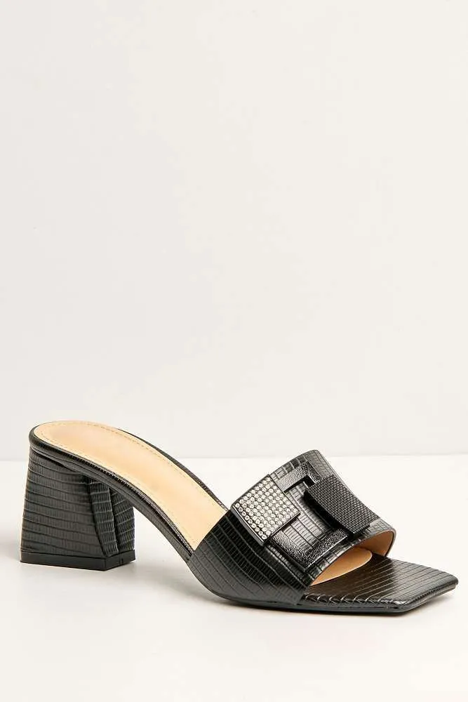 Audrey Brooch Detail Block Heel Mules in Black