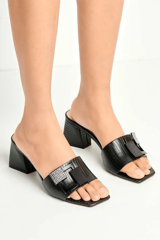 Audrey Brooch Detail Block Heel Mules in Black