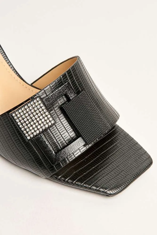 Audrey Brooch Detail Block Heel Mules in Black