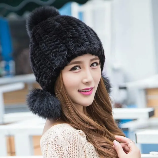 Autumn Winter Optimal 100% Real Mink Fur Knitted Ear Protector Hats for Girls