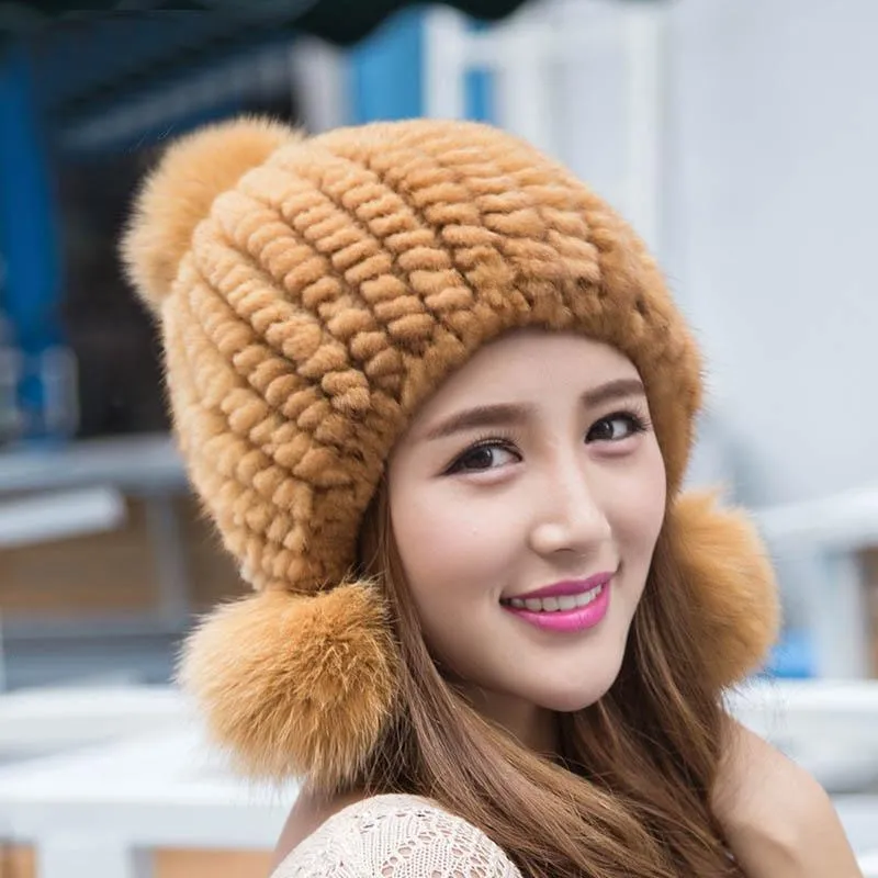 Autumn Winter Optimal 100% Real Mink Fur Knitted Ear Protector Hats for Girls