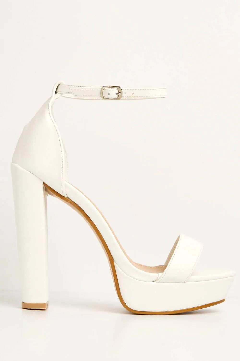 Azaria Ankle Strap Block Heel Platform Heeled Sandals in White PU