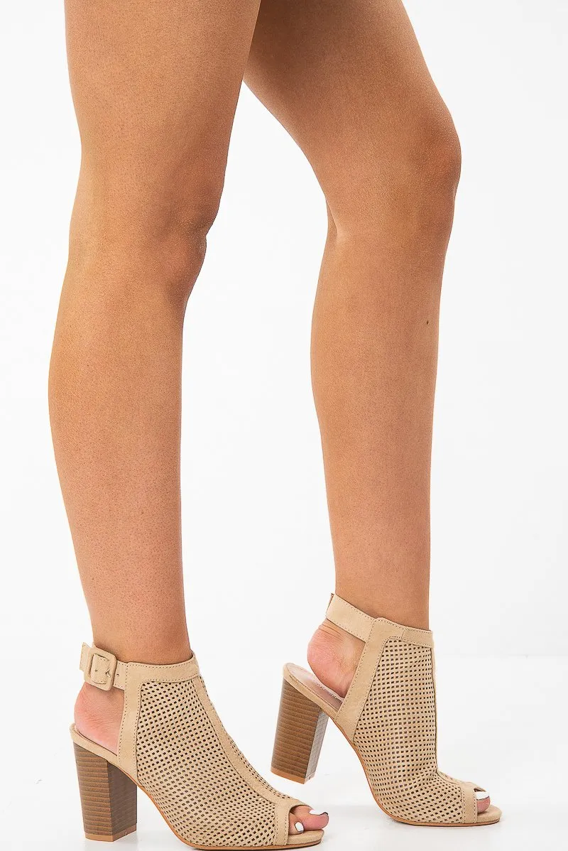 Beige Faux Suede Cage Front Block Heels - Shannon