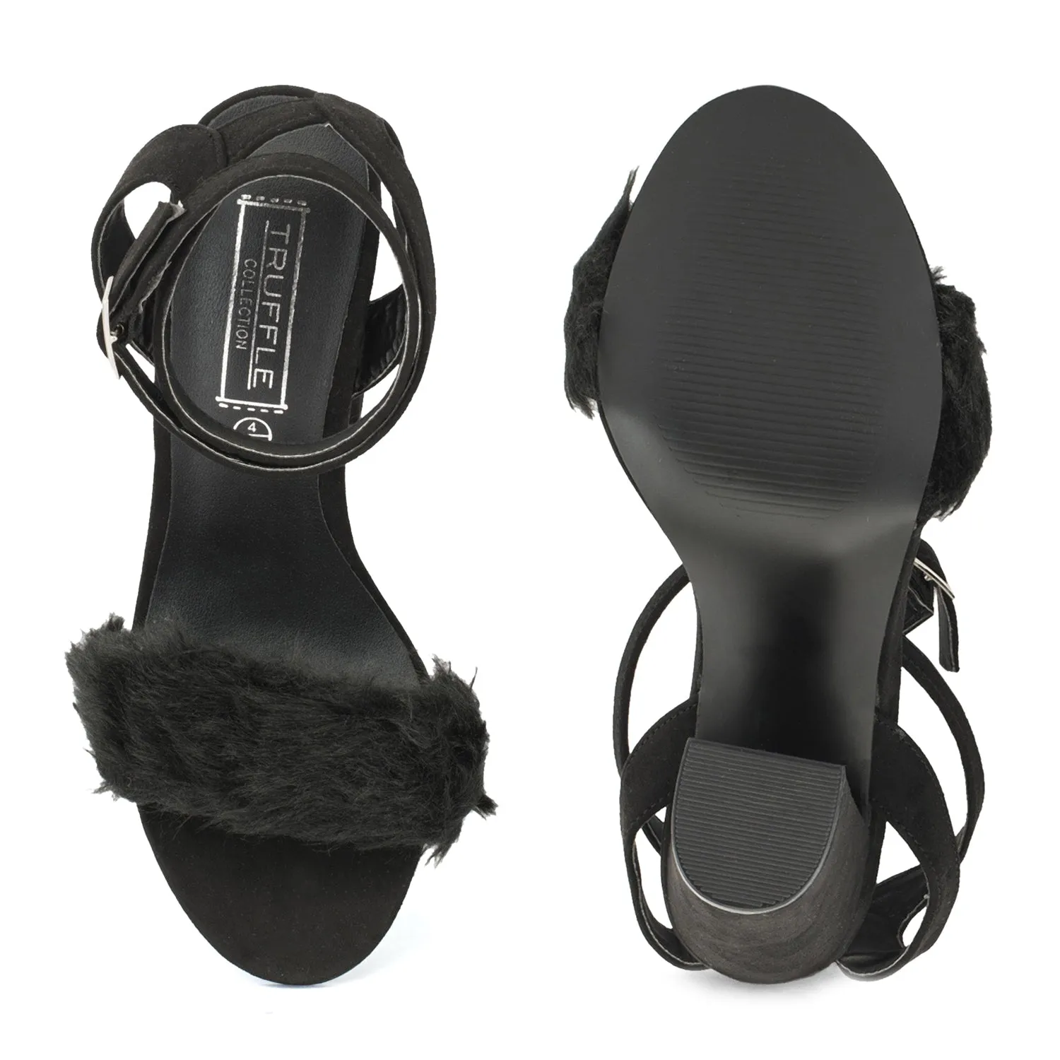 Black Block Heel Fur Sandals