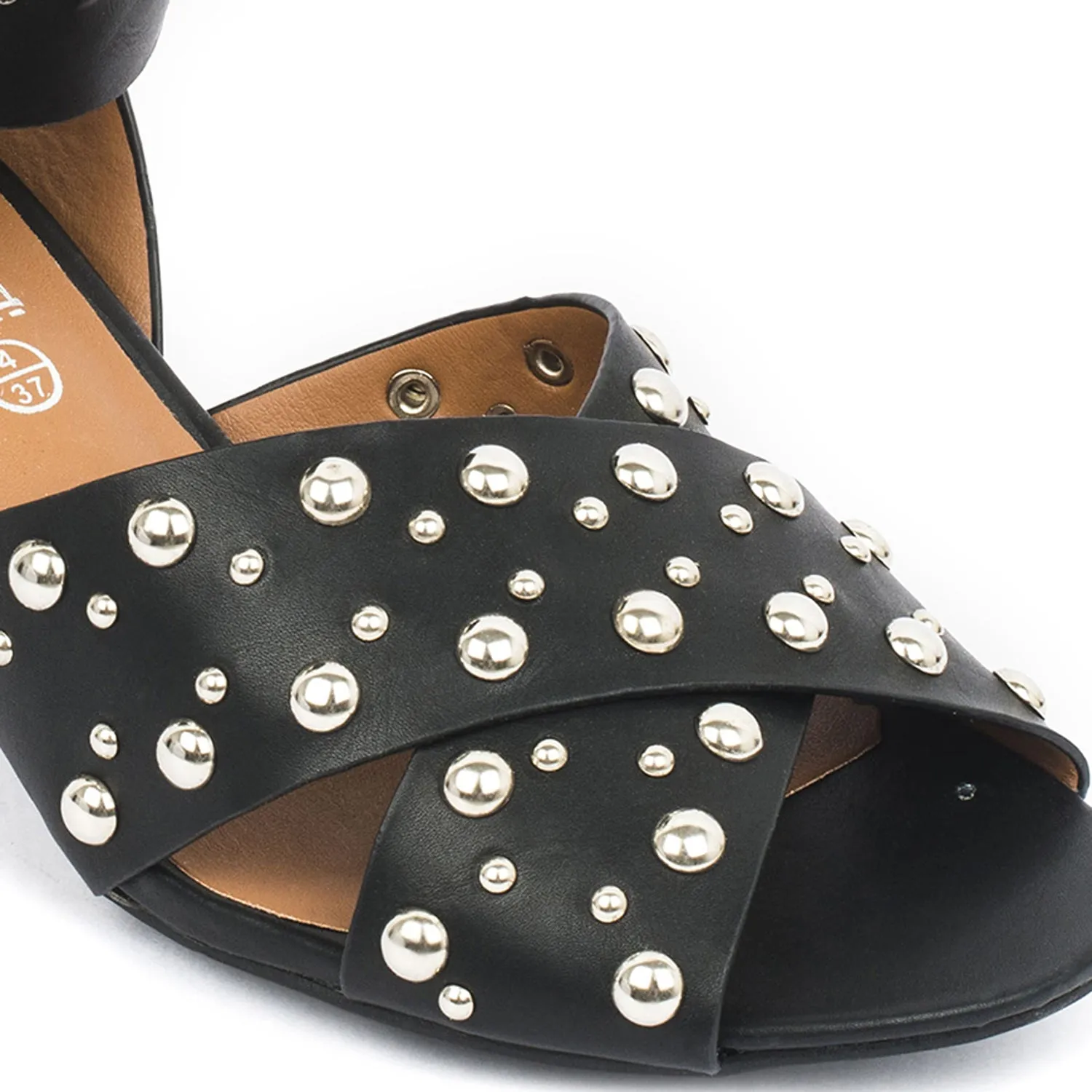 Black Block Studded Cross Over Heeled Sandal