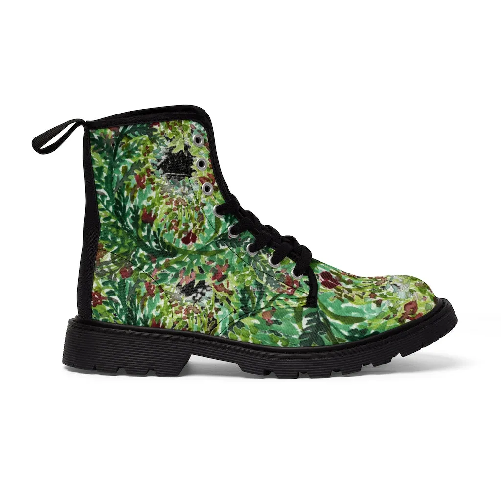 Black Green Floral Women's Boots, Flower Stylish Rose Hiking Combat Boots For Women