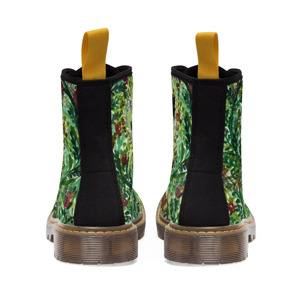 Black Green Floral Women's Boots, Flower Stylish Rose Hiking Combat Boots For Women