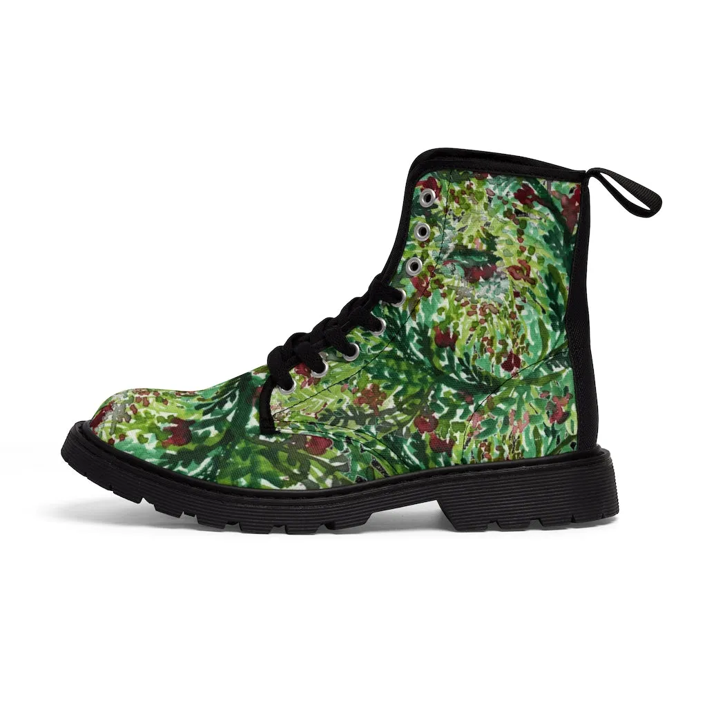 Black Green Floral Women's Boots, Flower Stylish Rose Hiking Combat Boots For Women