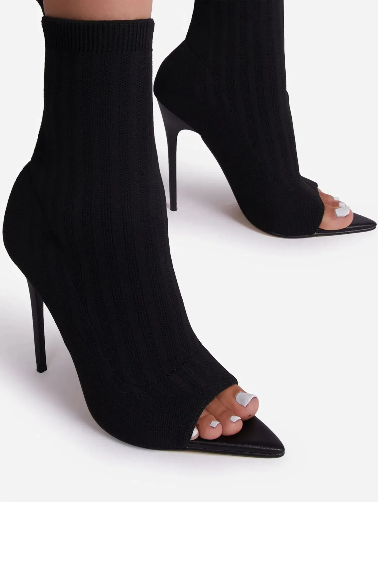 Black Peep Toe Stiletto Heels Ankle Sock Boots