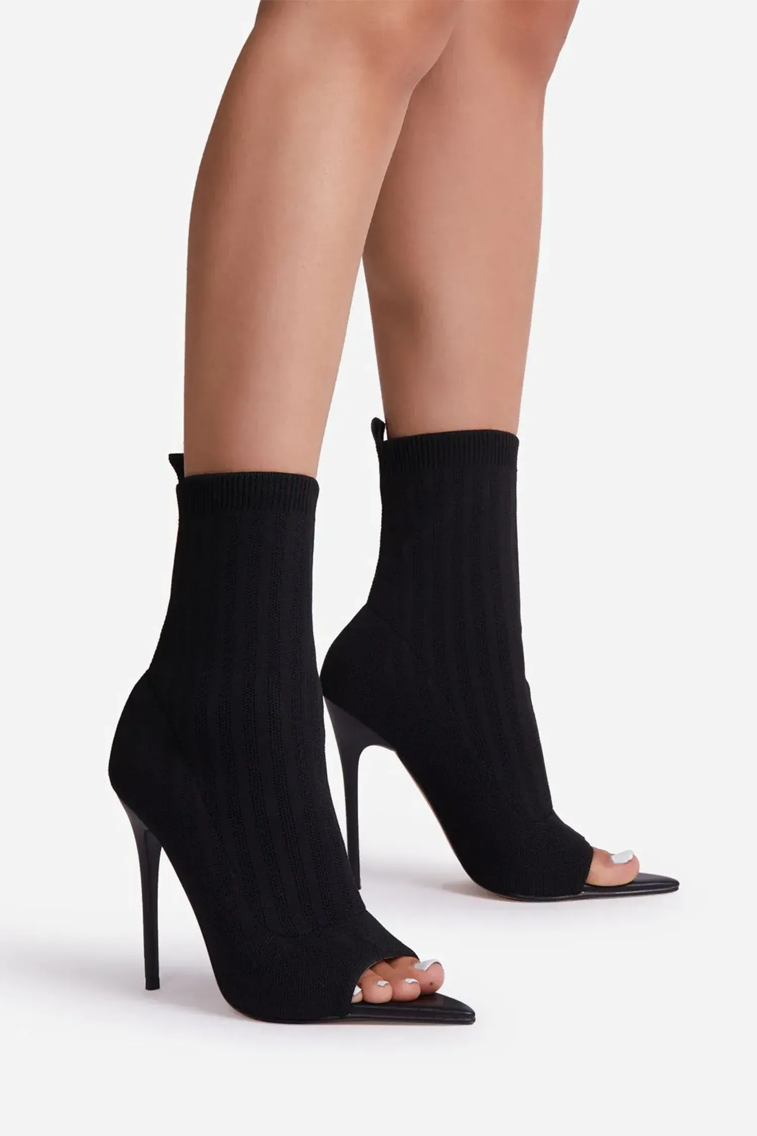 Black Peep Toe Stiletto Heels Ankle Sock Boots