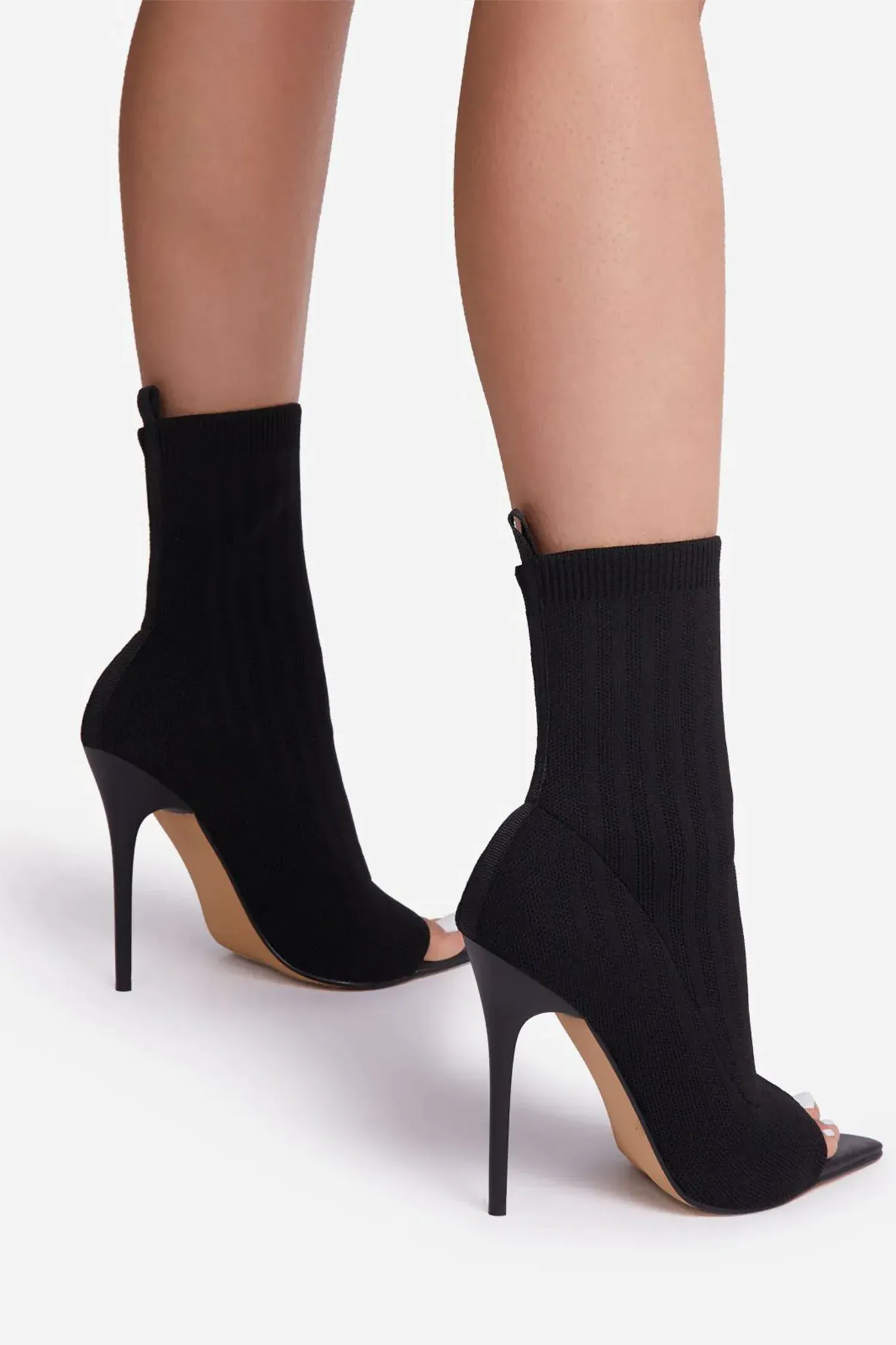 Black Peep Toe Stiletto Heels Ankle Sock Boots