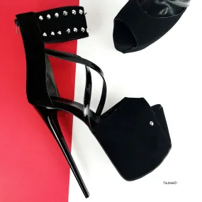 Black Suede Spike Strap High Heels