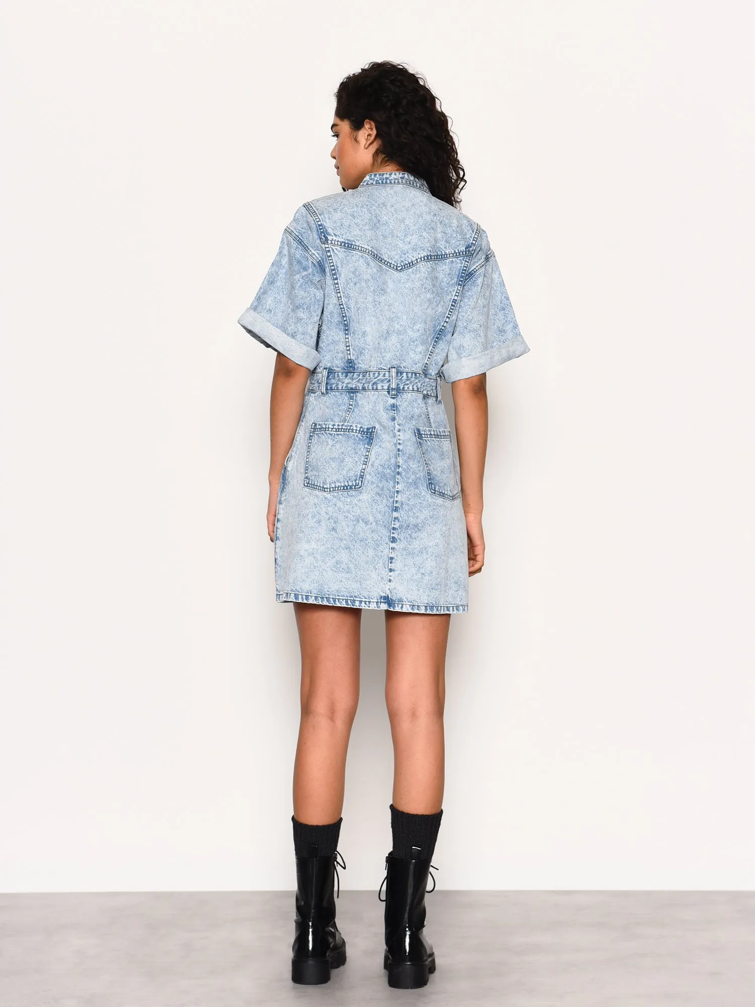 Blue Acid-Wash Denim Button Front Mini-Dress