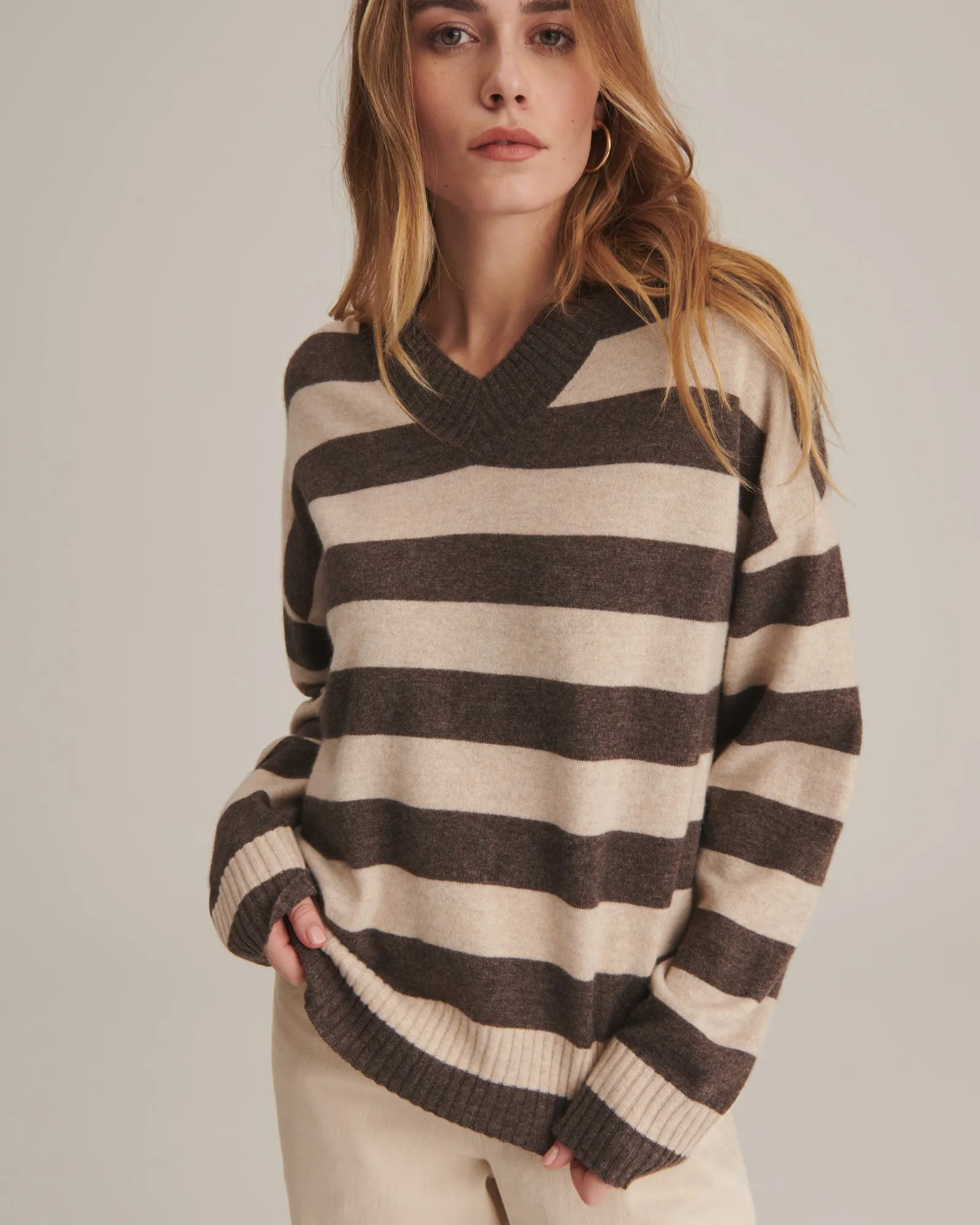 Cashmere Striped Boyfriend V-Neck Sweater