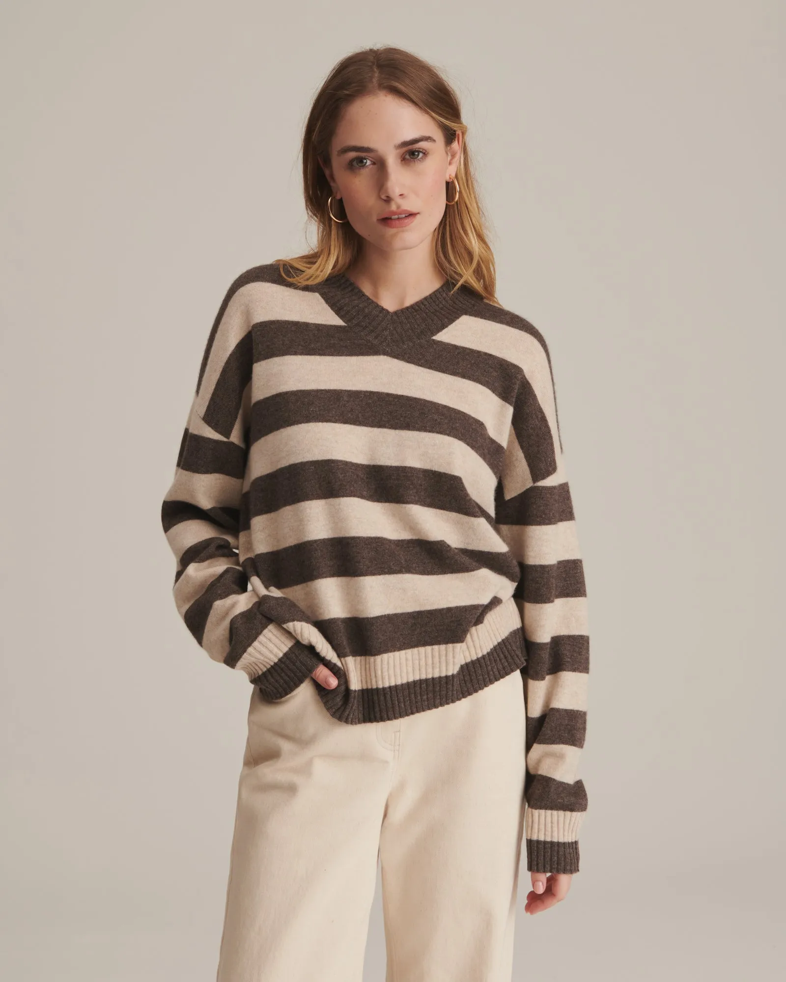 Cashmere Striped Boyfriend V-Neck Sweater