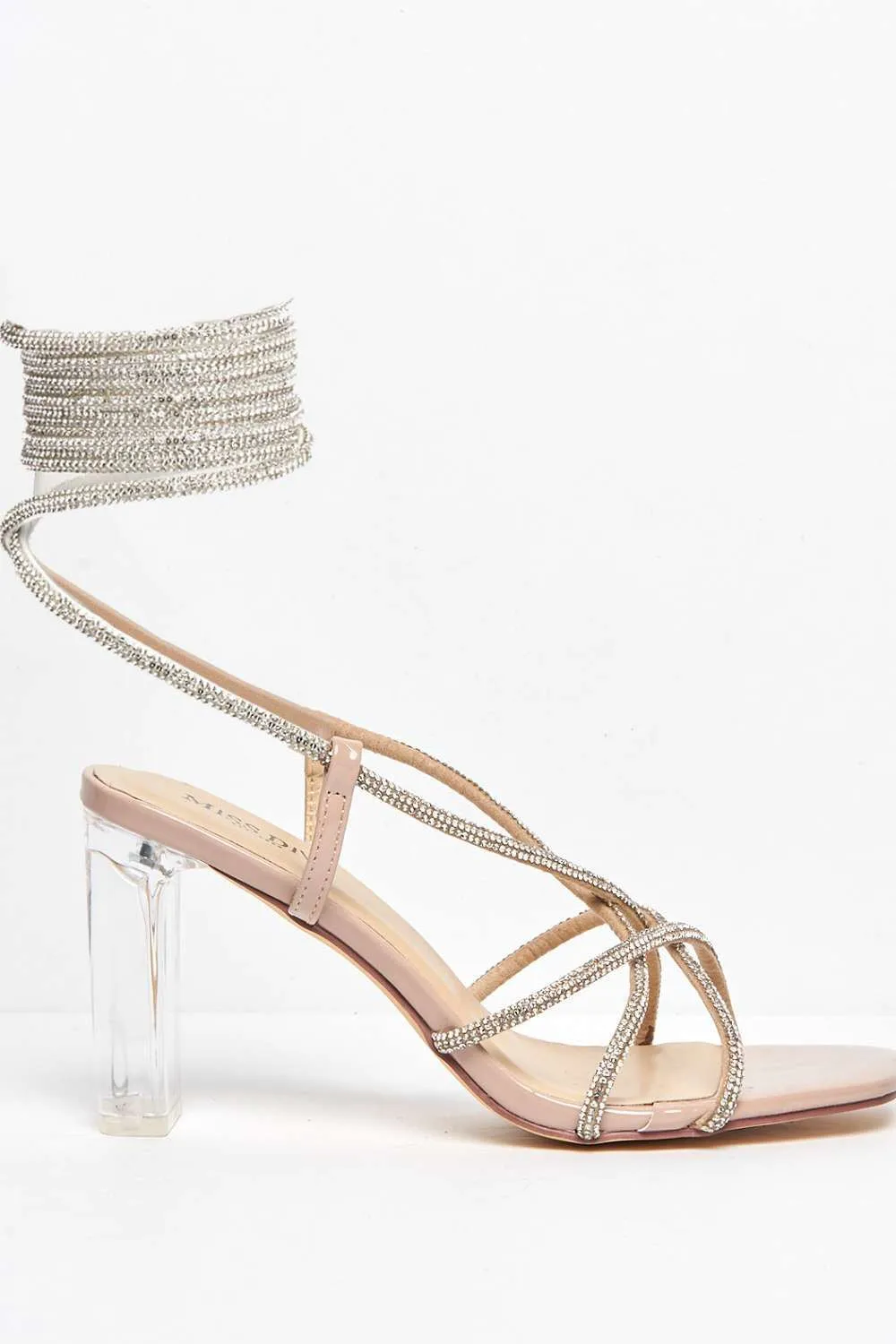 Celina Diamante Lace Up Perspex Block Heels in Nude Patent