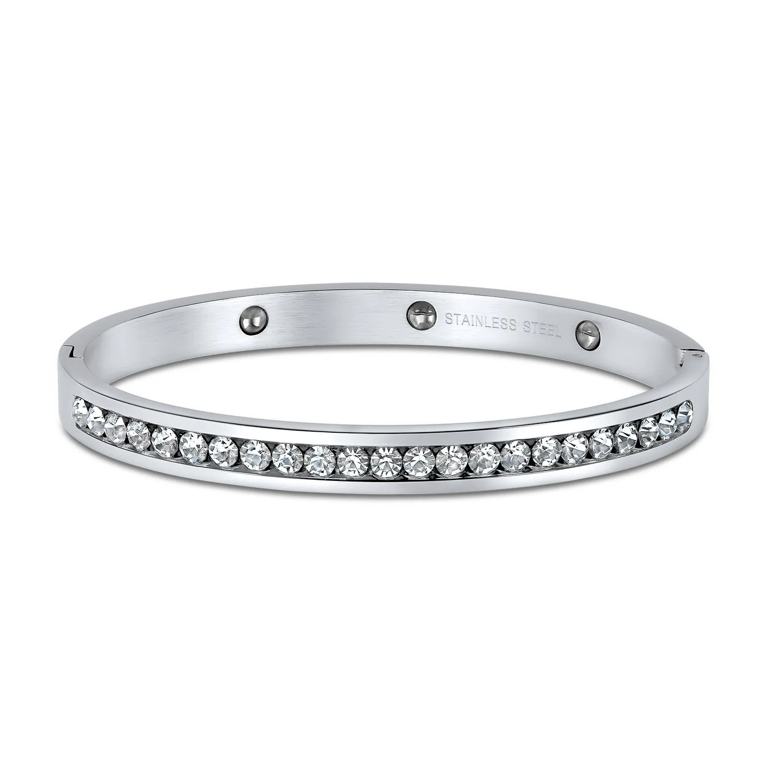 Channel Set CZ Bangle Bracelet Weddings Silver Tone Stainless Steel