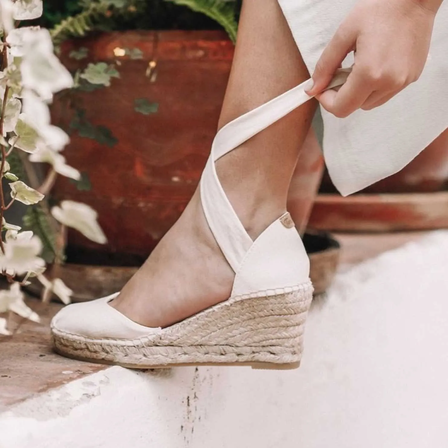 Cotton Blend Wedge Espadrille With Ribbon For Women - Julia