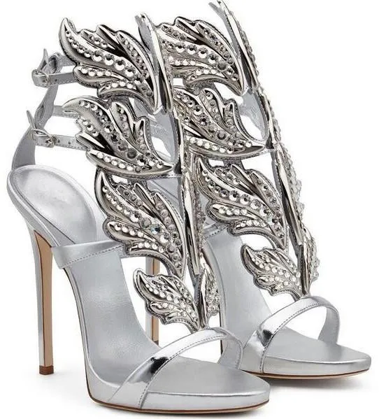 'Cruel Crystal' Embellished Metal Flame Leather Sandals - (Silver, Gold, Black)