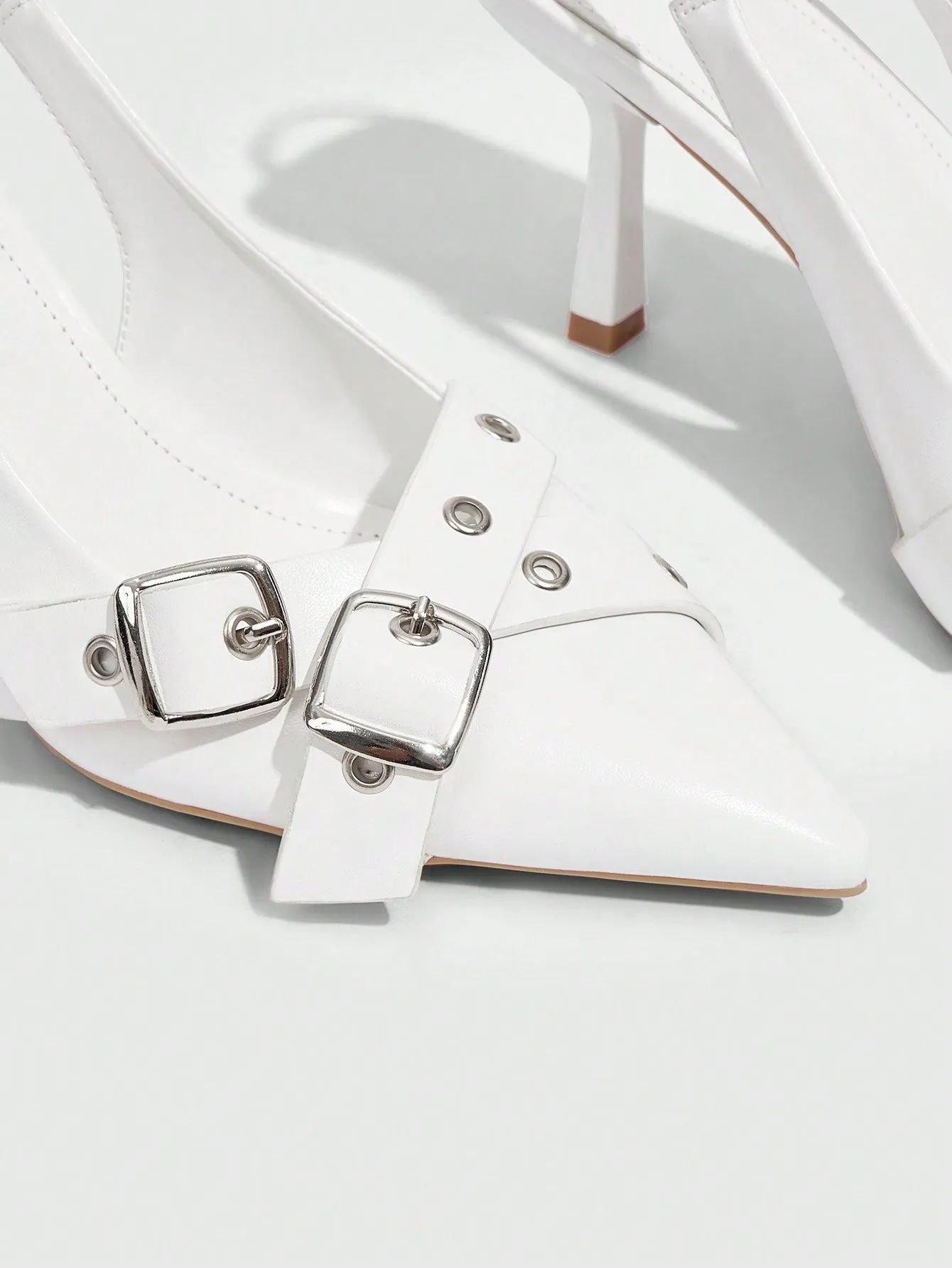 CUCCOO BIZCHIC Ladies Sweet Cool Shoes With Belt Buckle, Pointed Toe, Stiletto High Heels, Sexy Pu White Pumps