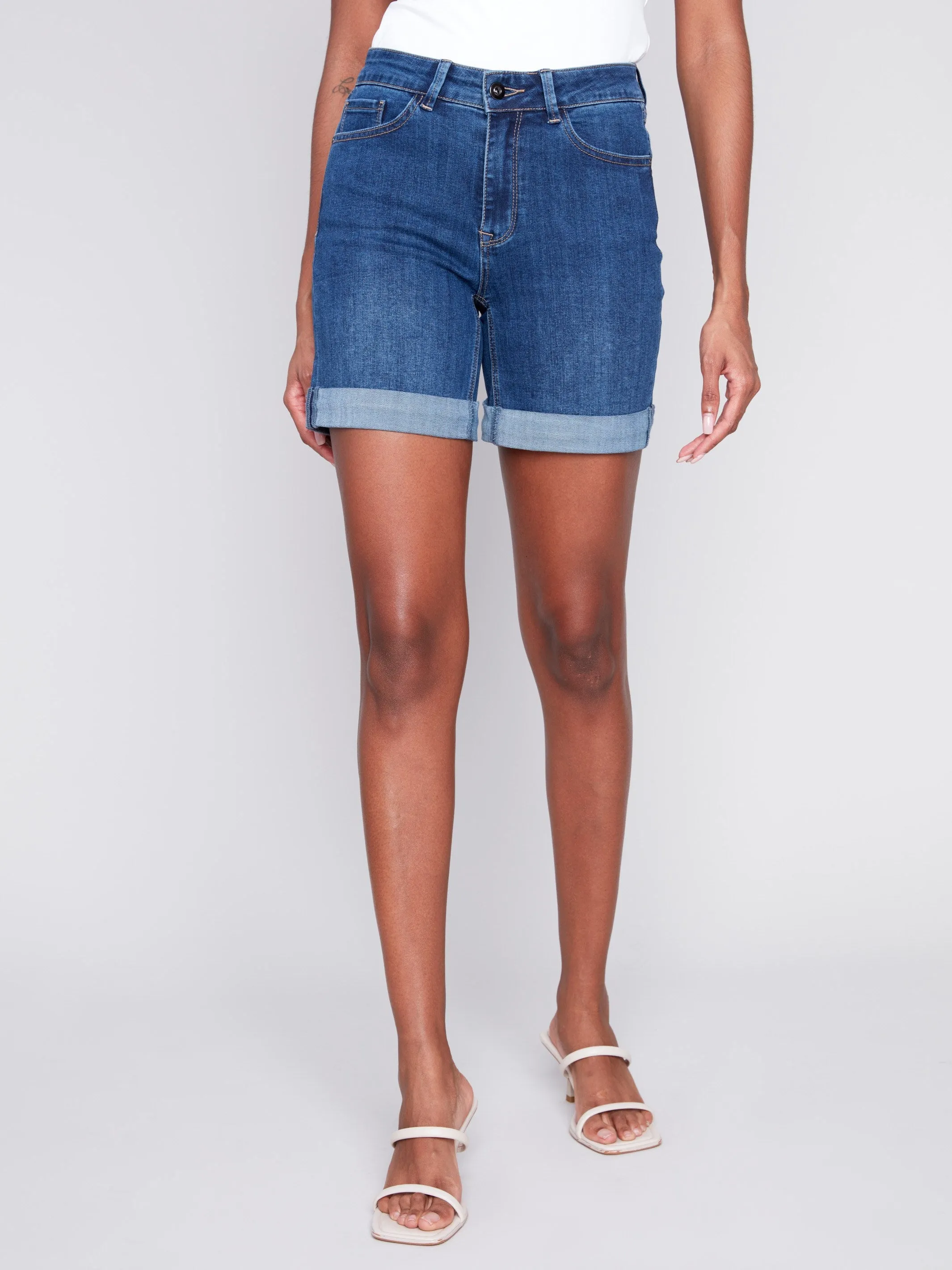 Cuffed Hem Denim Shorts - Indigo