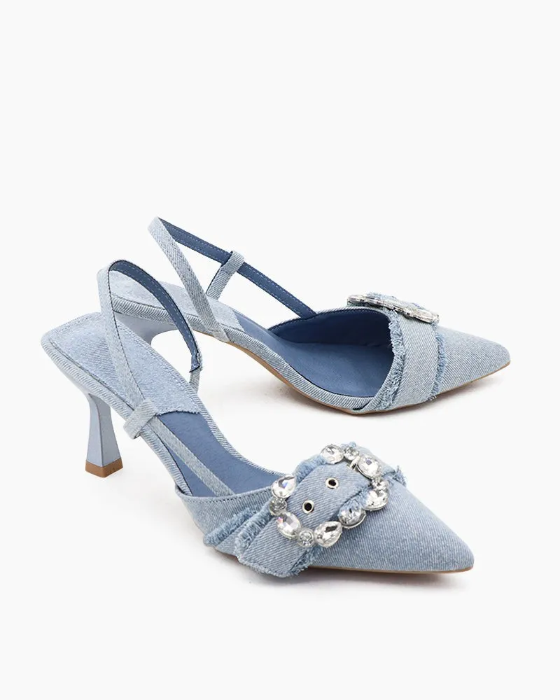 Denim Rhinestone High Heel Pointed Toe Sandals