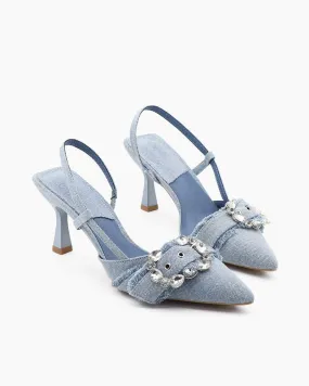 Denim Rhinestone High Heel Pointed Toe Sandals