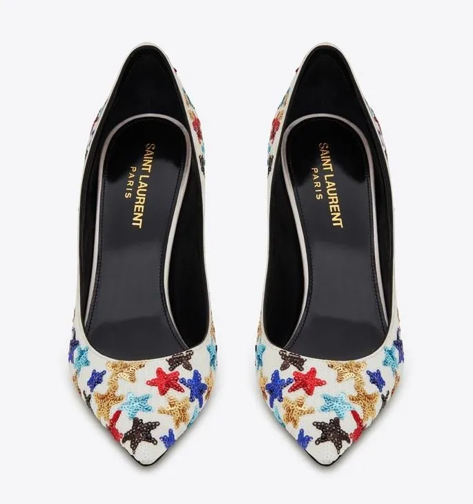 'Edwige' Pumps in Silk Satin Embroidered with Stars