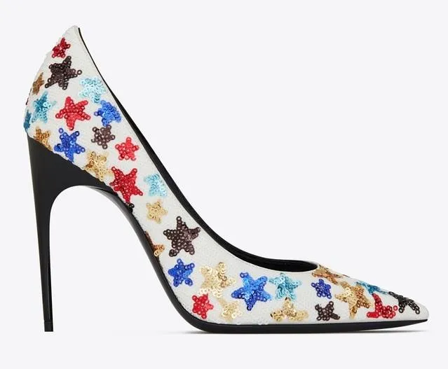 'Edwige' Pumps in Silk Satin Embroidered with Stars