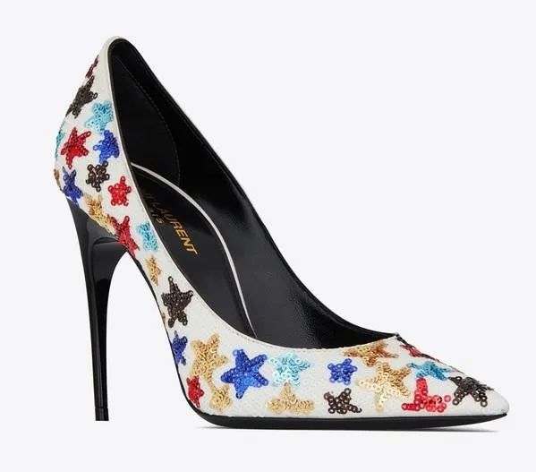 'Edwige' Pumps in Silk Satin Embroidered with Stars