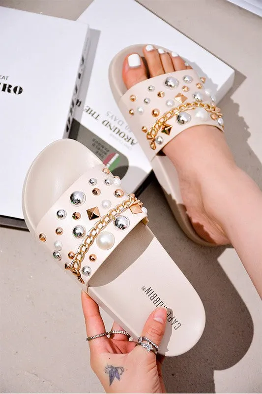 Eva Bejeweled Slide Sandals