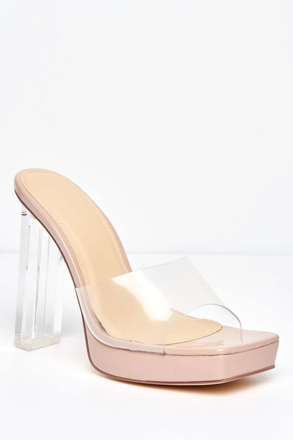 Flovous Perspex Bloch Heel Platform Mules in Nude Patent